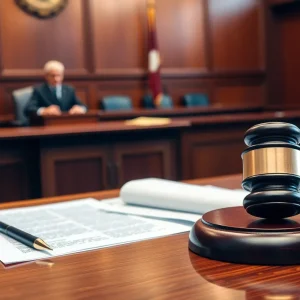 Courtroom scene with legal documents and a gavel illustrating a copyright case