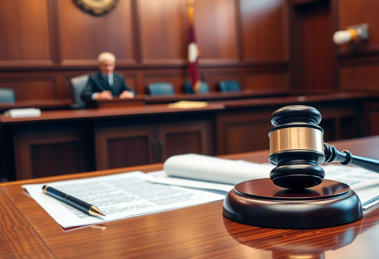 Courtroom scene with legal documents and a gavel illustrating a copyright case
