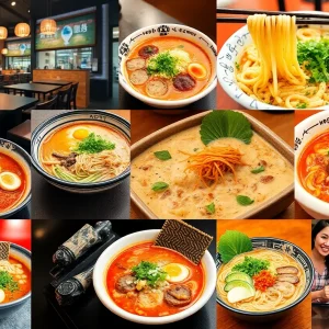 A variety of ramen dishes and restaurant ambiance