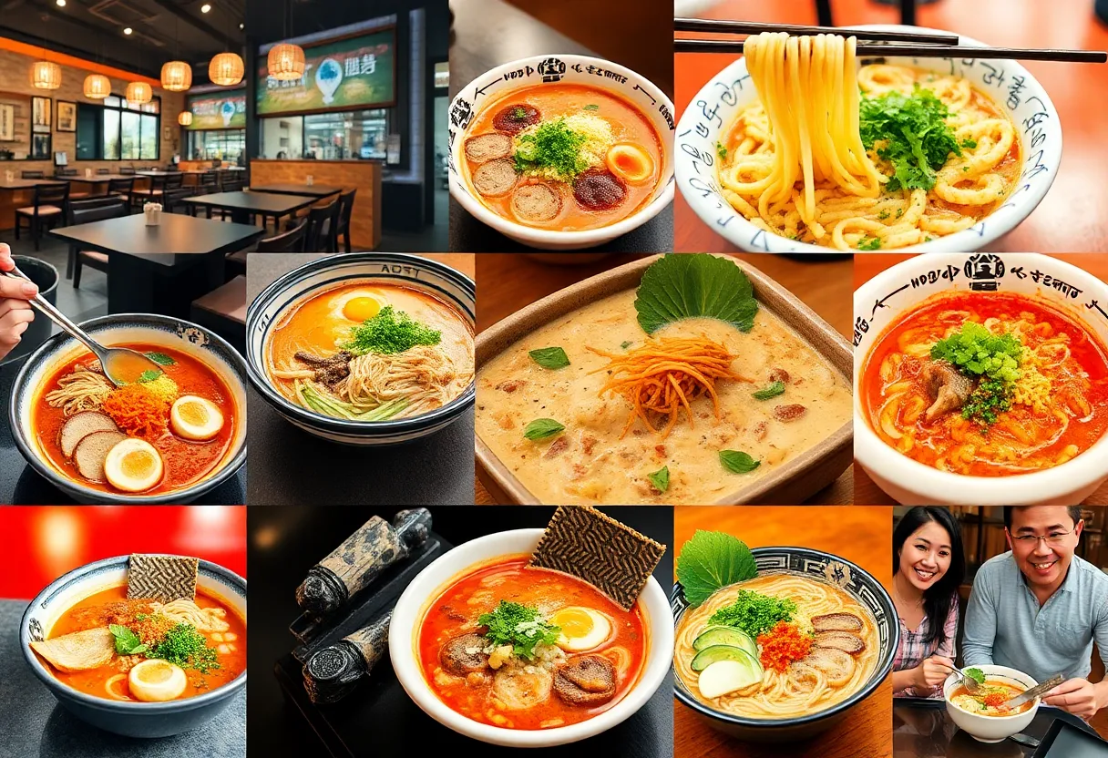 A variety of ramen dishes and restaurant ambiance