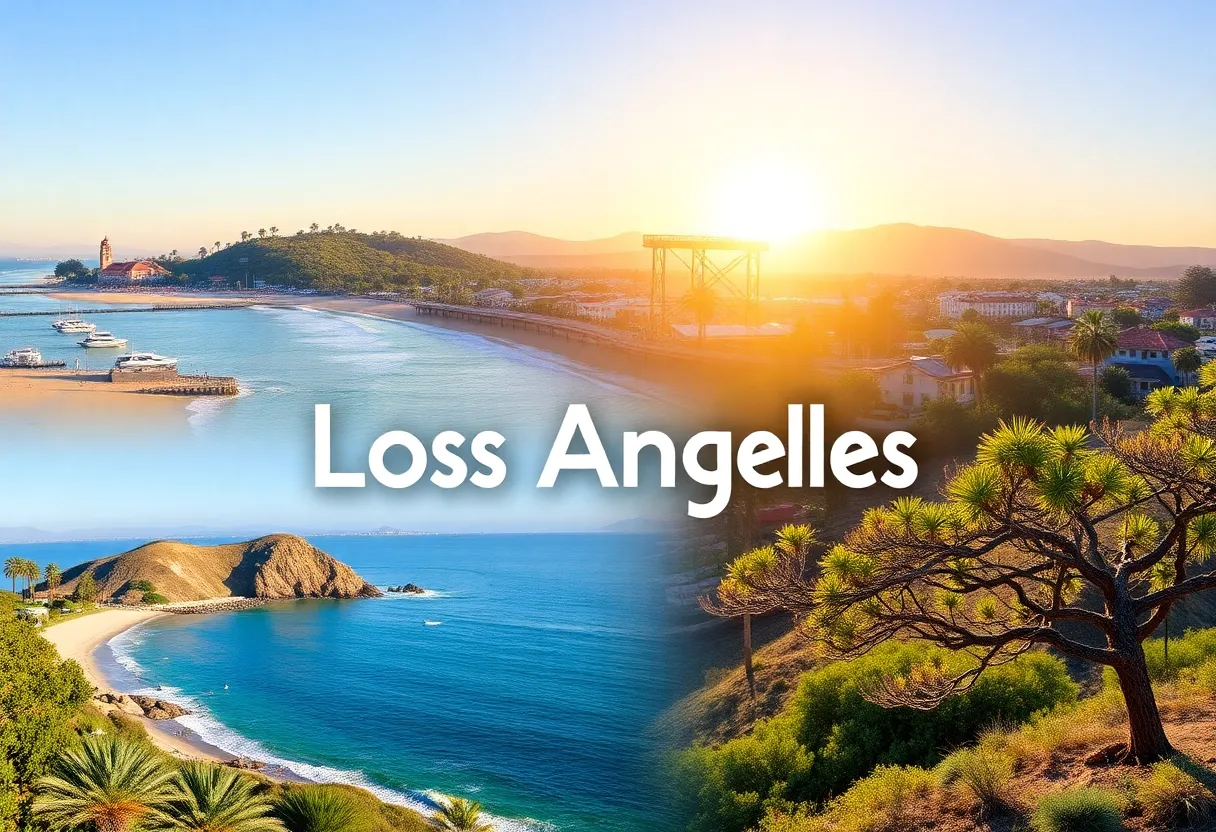Collage of family-friendly road trip locations near Los Angeles.