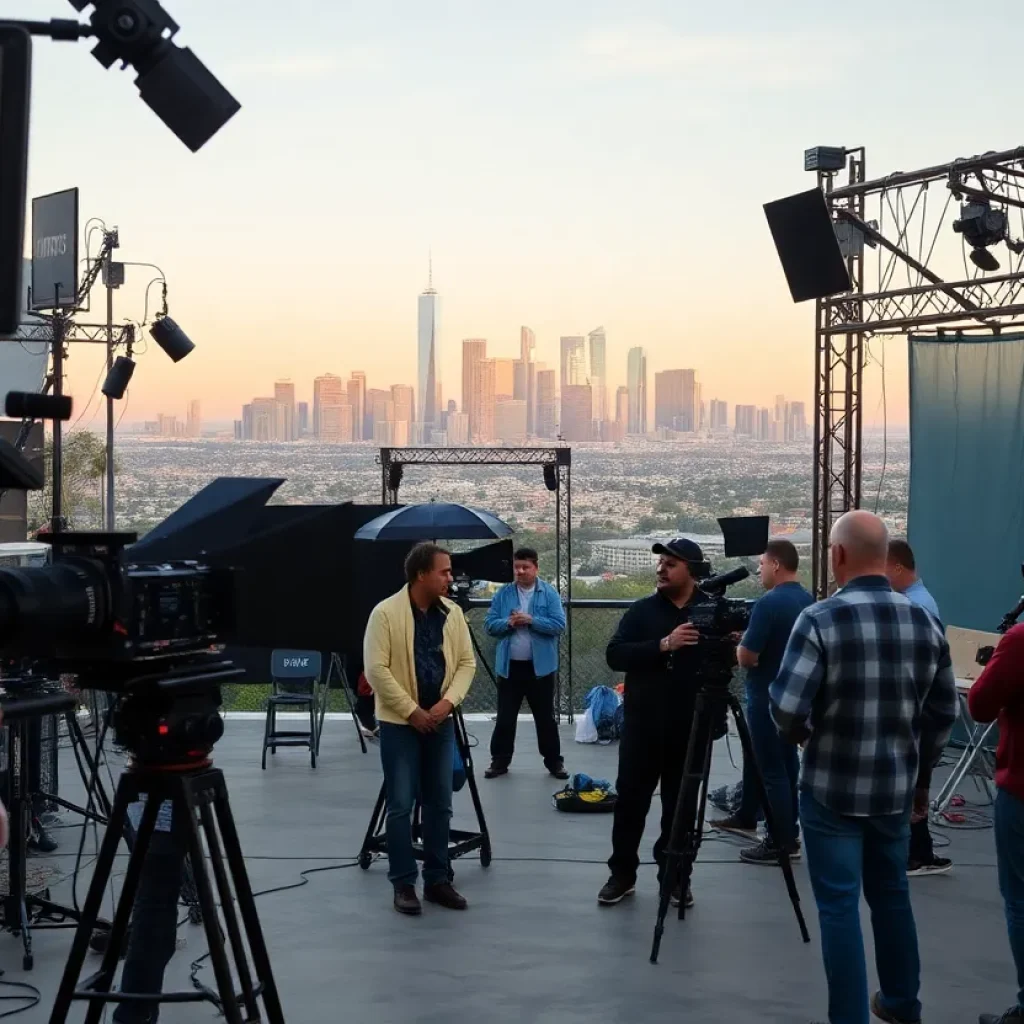 A bustling film set in Los Angeles city, featuring crew members and filming equipment.