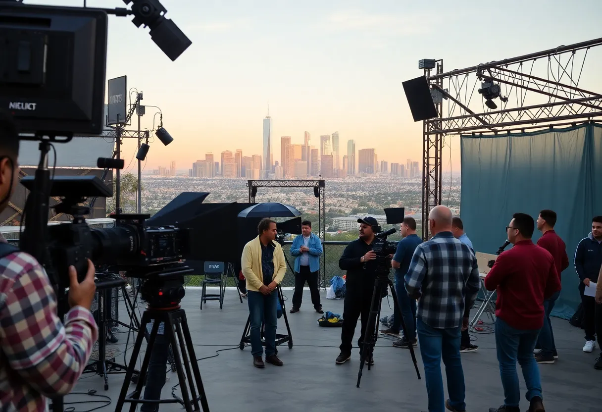 A bustling film set in Los Angeles city, featuring crew members and filming equipment.