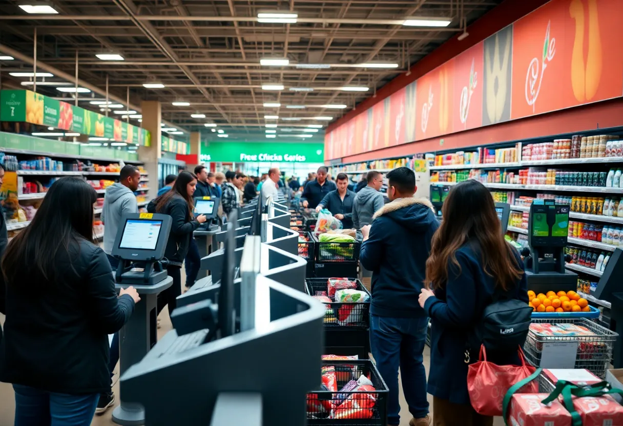 Self-checkout lanes in a grocery store with a staffed register