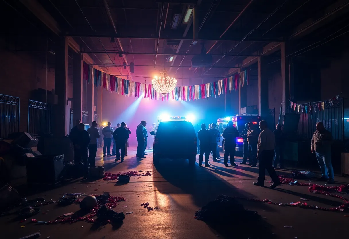 Emergency responders attending to the scene of the gunfire incident at a warehouse party in Los Angeles.