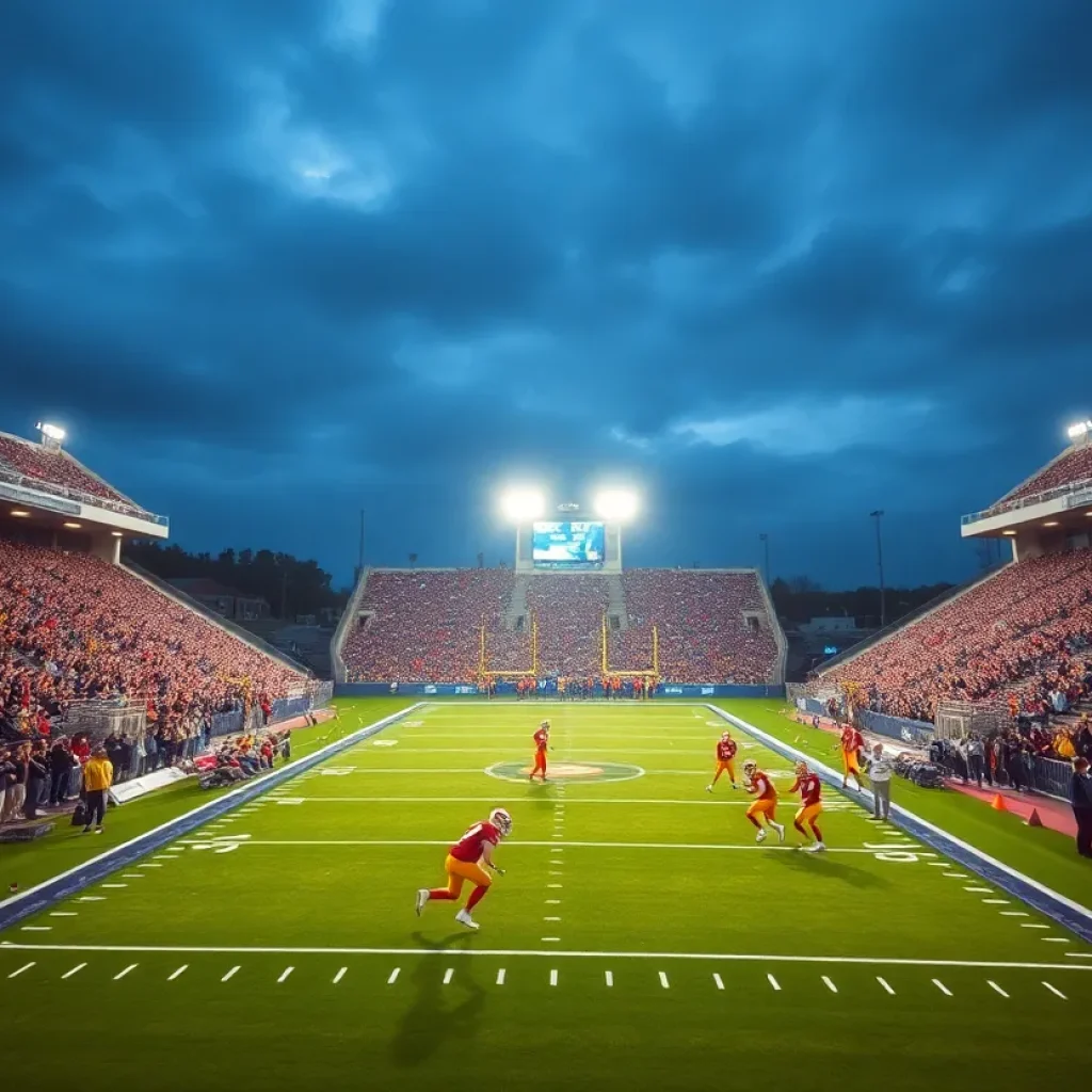 High school football players in action during a game at night with fans cheering.