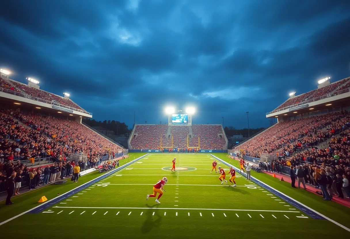 High school football players in action during a game at night with fans cheering.
