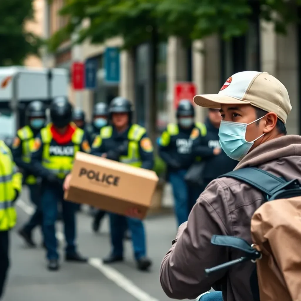 A delivery driver being apprehended by immigration agents in an urban landscape.