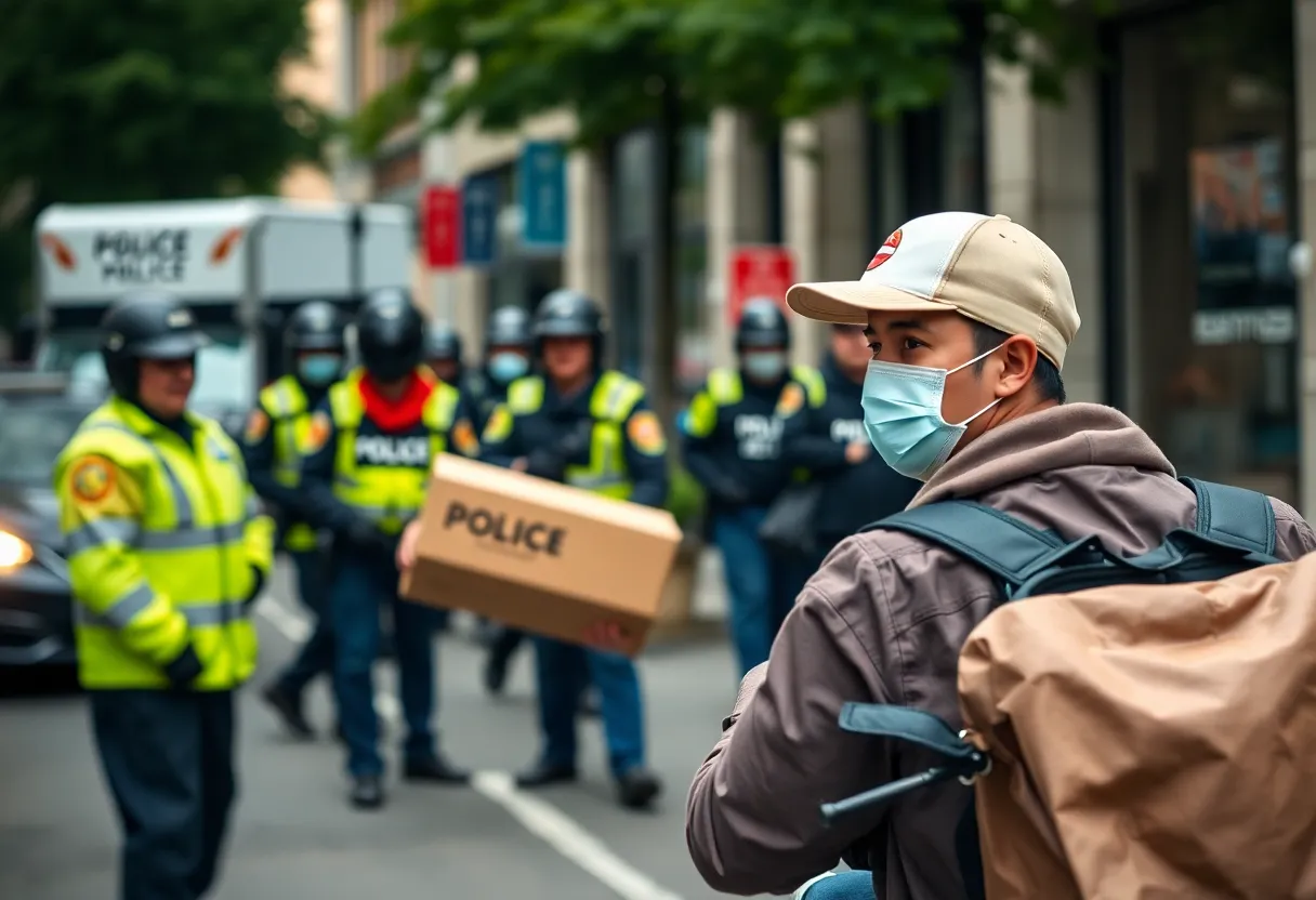A delivery driver being apprehended by immigration agents in an urban landscape.