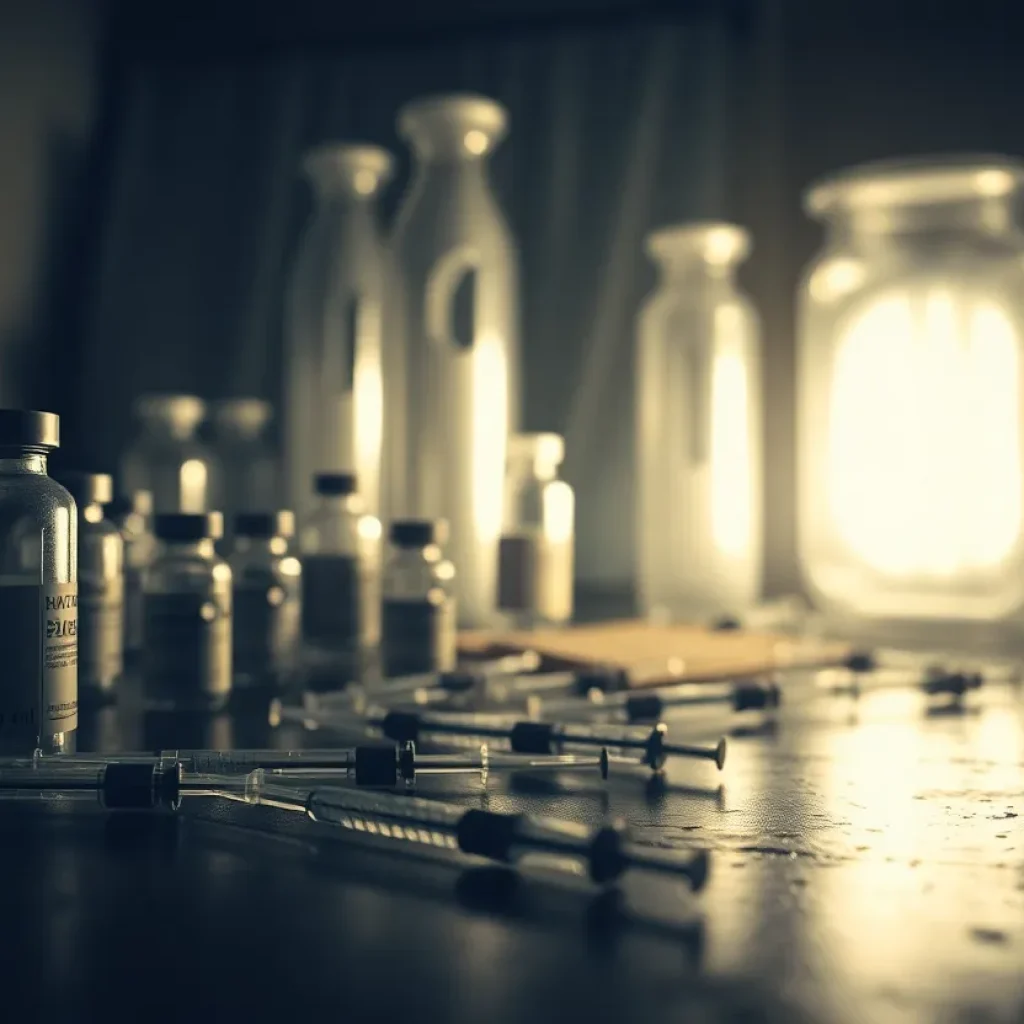 Vials and syringes depicting the dangers of drug addiction