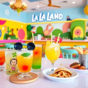 Kids menu at La La Land Kind Café featuring Disney characters