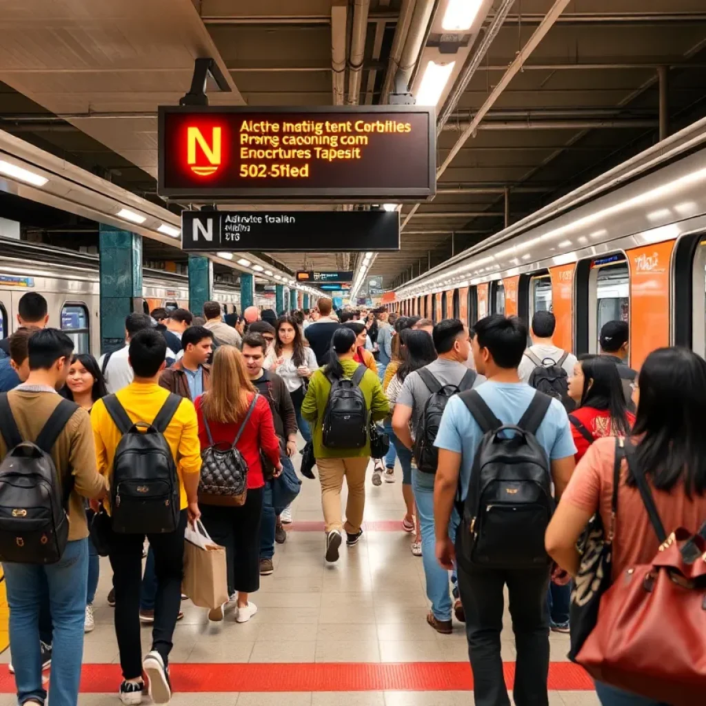 Commuters at a busy Los Angeles Metro station