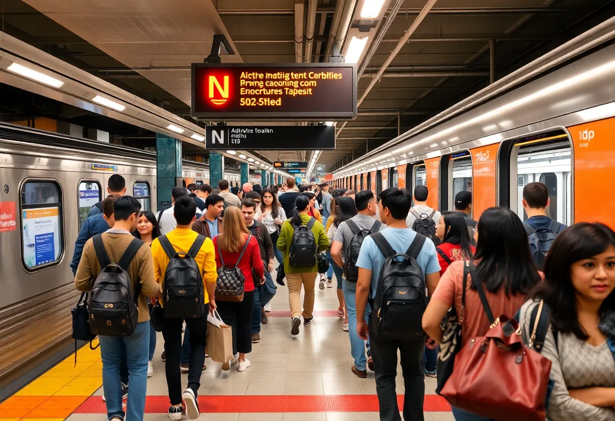Commuters at a busy Los Angeles Metro station
