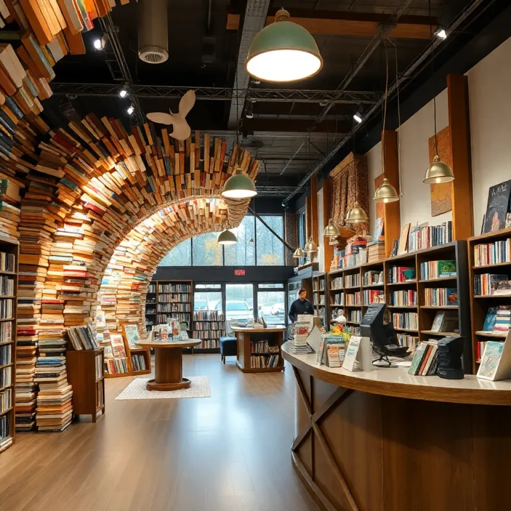 Interior of The Last Bookstore with book installations