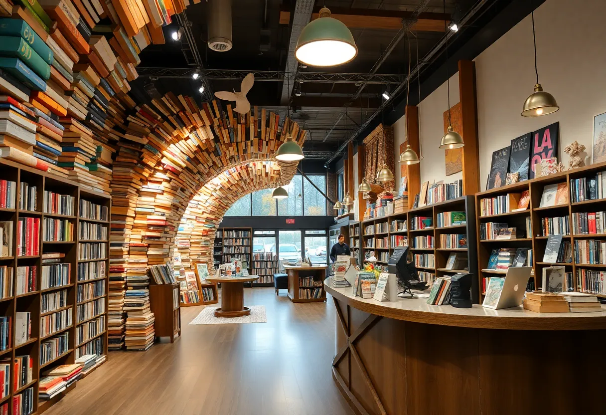 Interior of The Last Bookstore with book installations