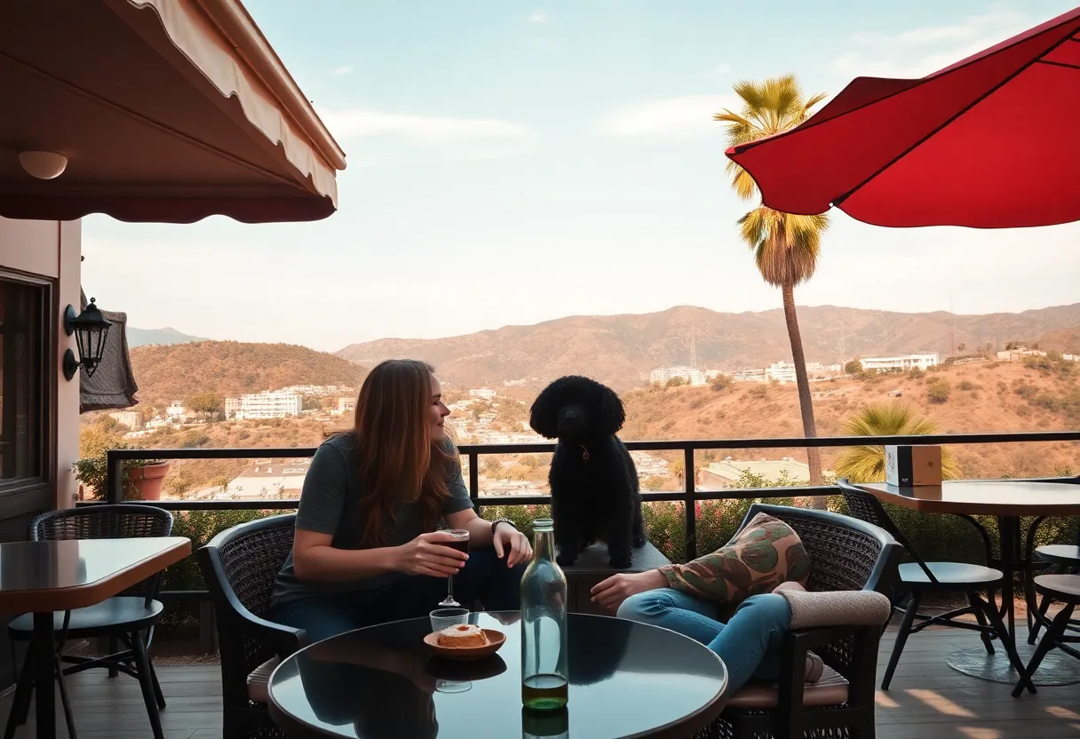 Couple enjoying a Sunday brunch in Los Angeles with dogs outdoors.