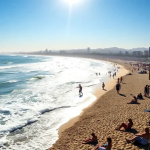 Crowded Los Angeles beach during a heat wave with dangerous surf