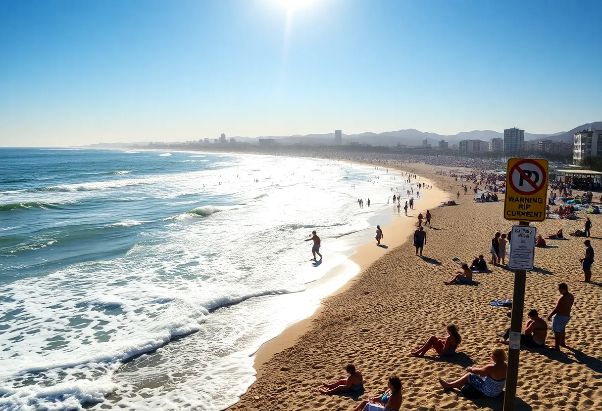 Crowded Los Angeles beach during a heat wave with dangerous surf