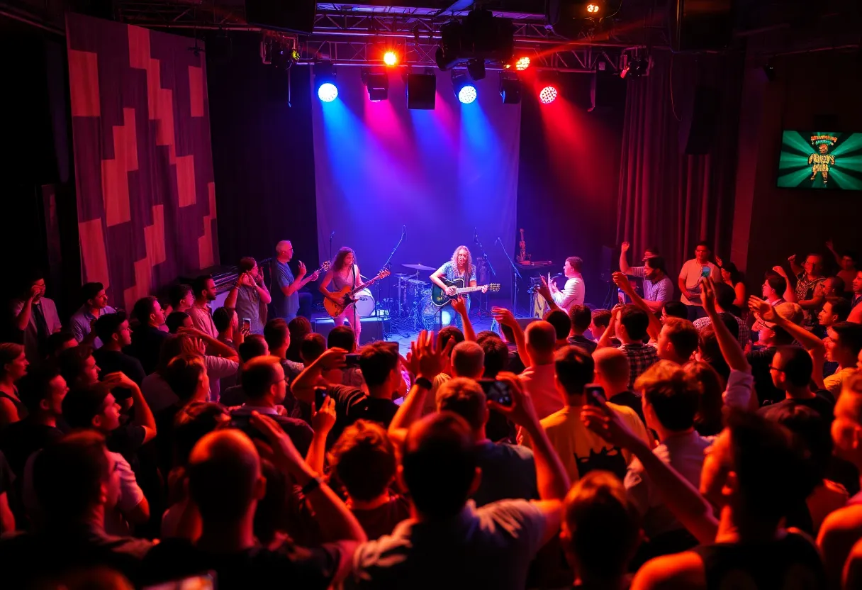 Concert scene in Los Angeles with a diverse audience and musicians performing on stage