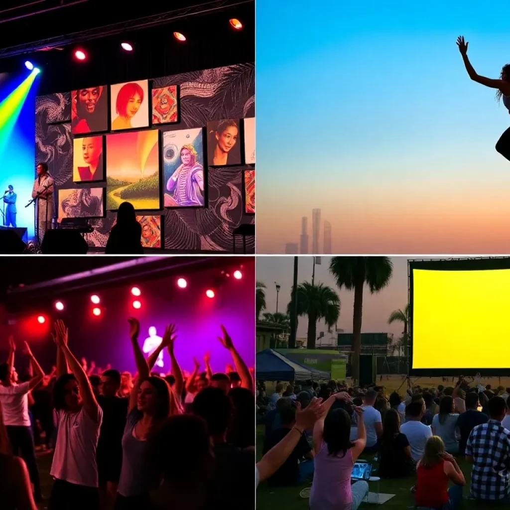Collage of Los Angeles events including concerts, art, and outdoor movies
