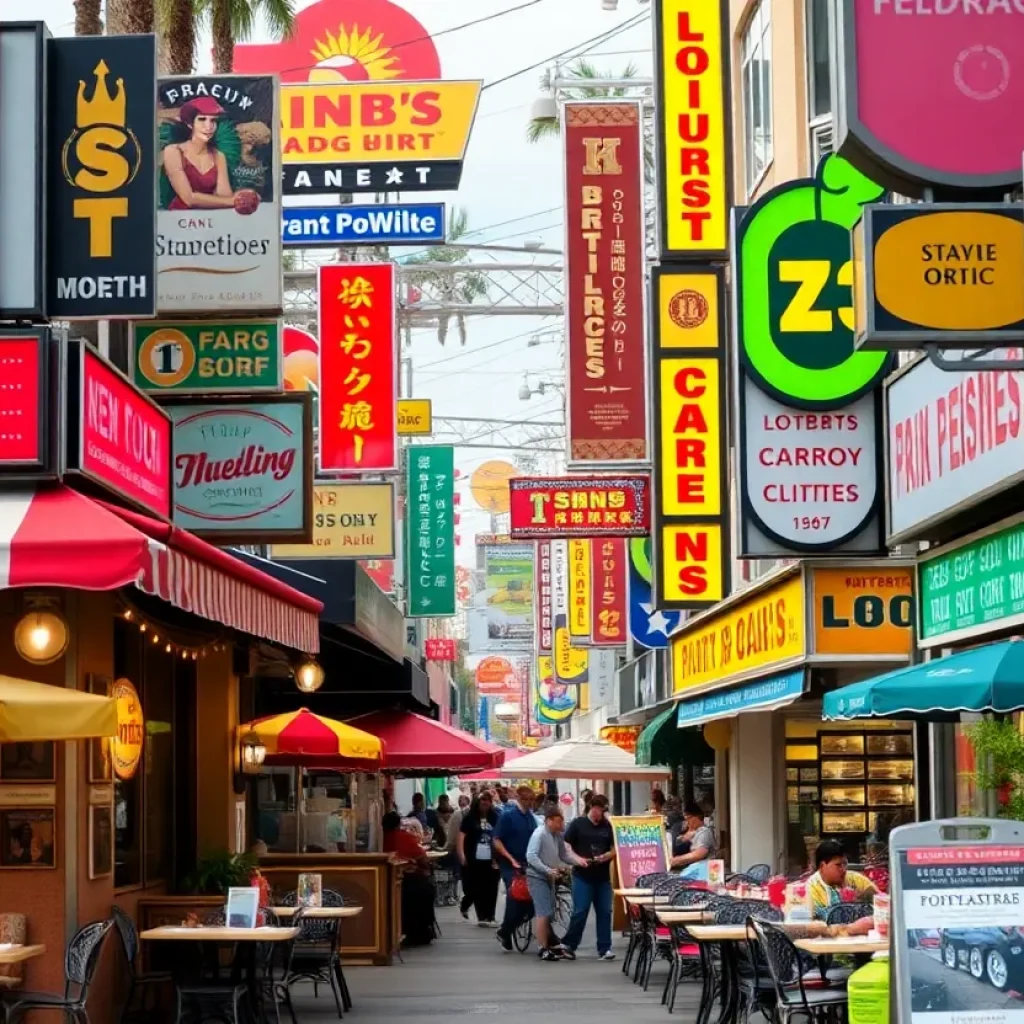 A vibrant street in Los Angeles showcasing multiple restaurants and outdoor dining areas.