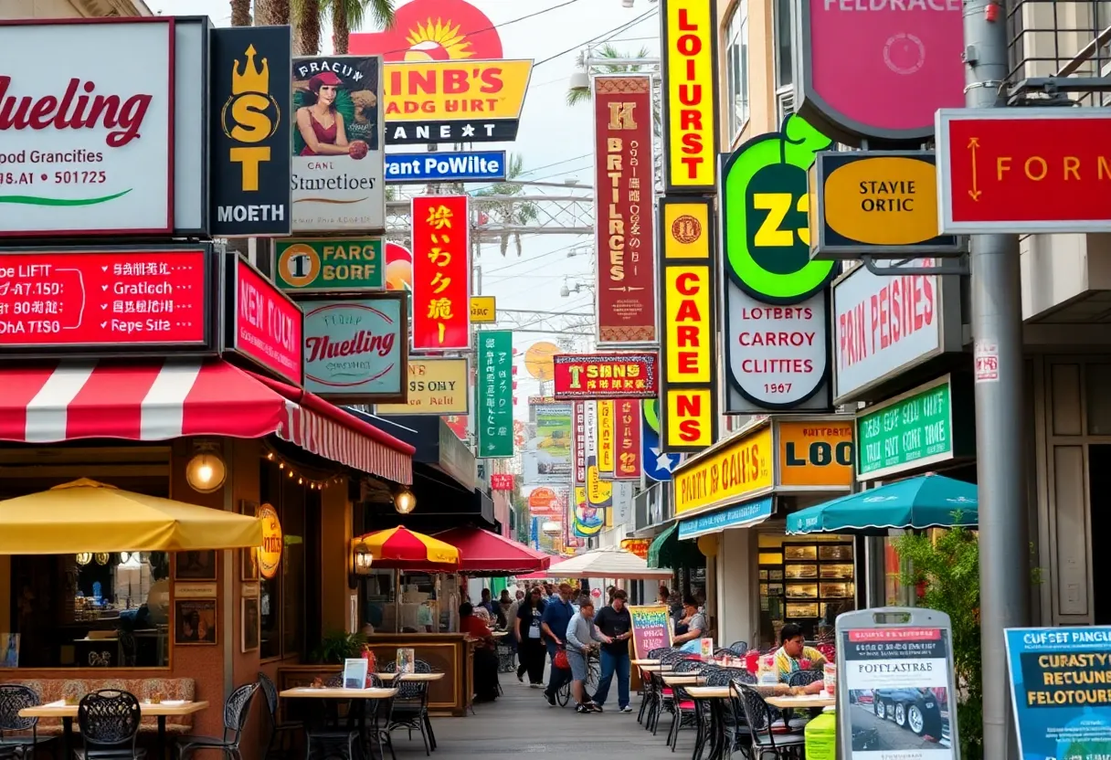 A vibrant street in Los Angeles showcasing multiple restaurants and outdoor dining areas.