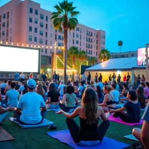 A collage of free events in Los Angeles including outdoor movies and yoga sessions.