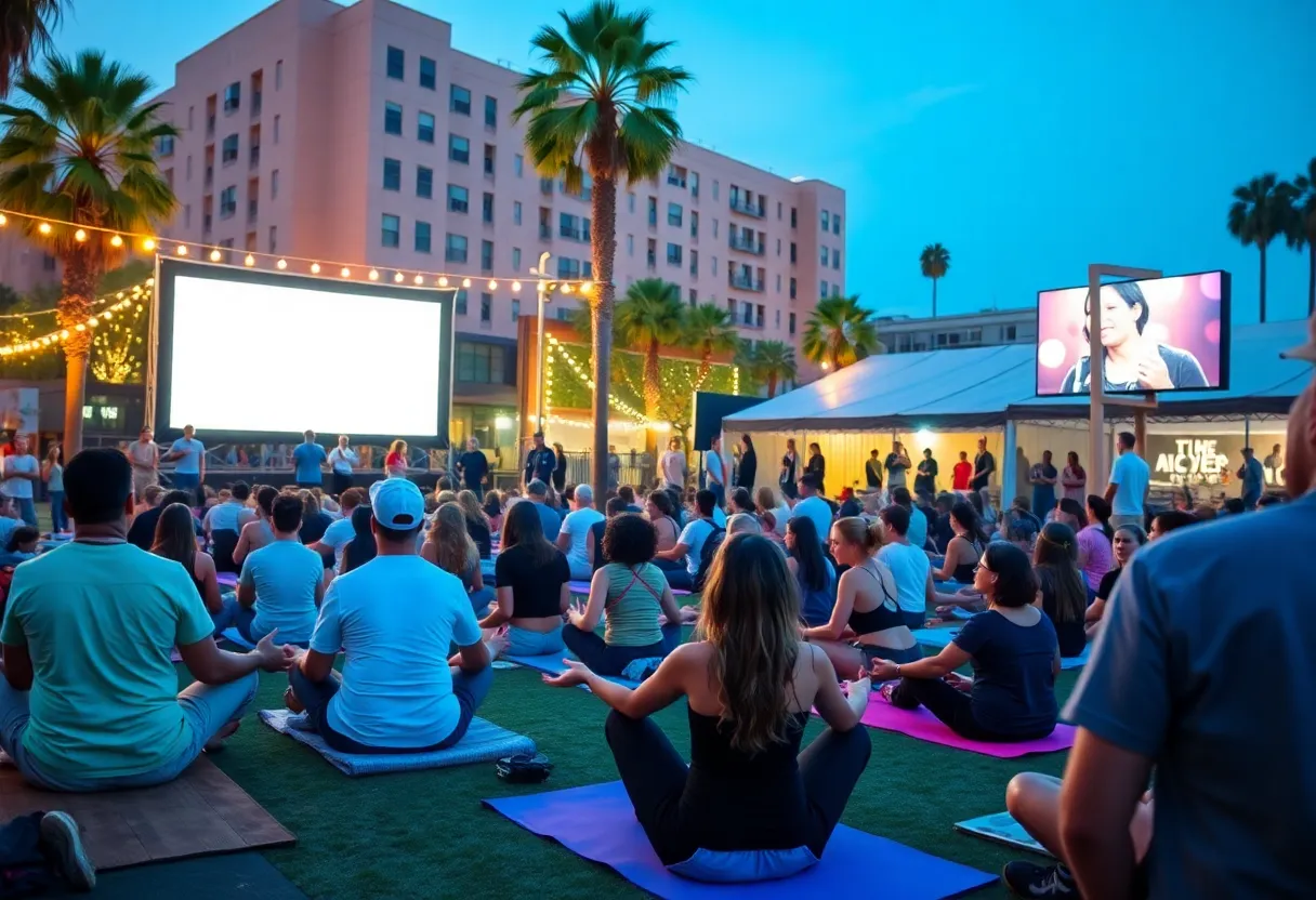 A collage of free events in Los Angeles including outdoor movies and yoga sessions.