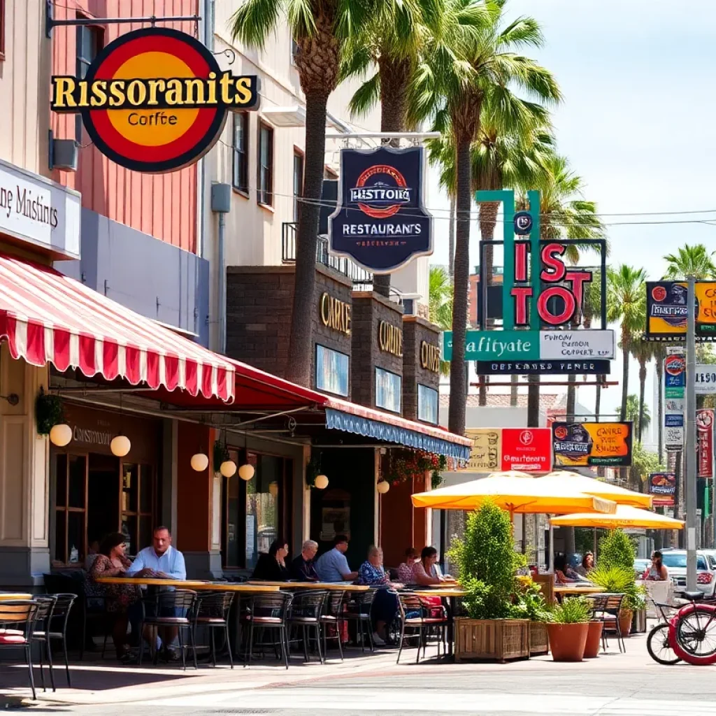 Outdoor dining scene in Los Angeles with diverse restaurant options