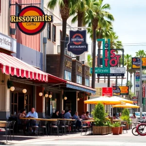 Outdoor dining scene in Los Angeles with diverse restaurant options