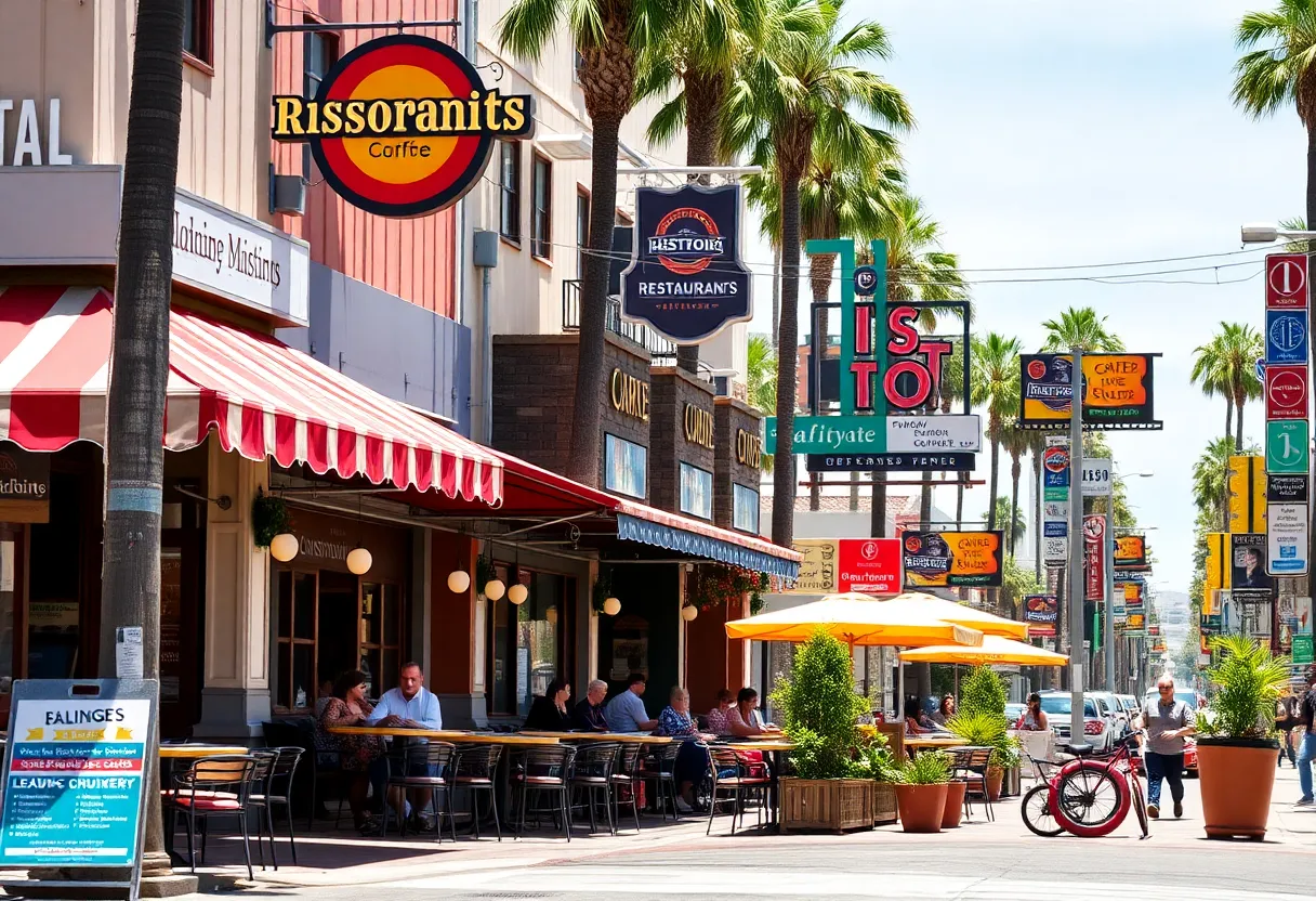 Outdoor dining scene in Los Angeles with diverse restaurant options