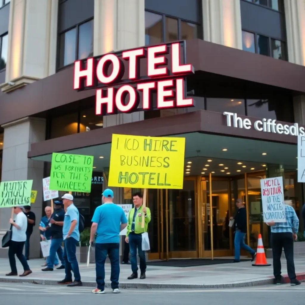 Hotel workers demonstrating for higher wages in Los Angeles.