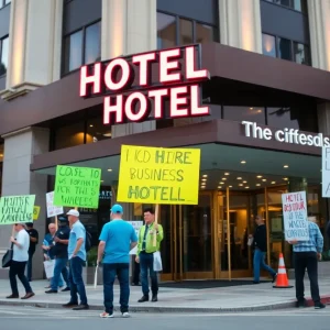 Hotel workers demonstrating for higher wages in Los Angeles.
