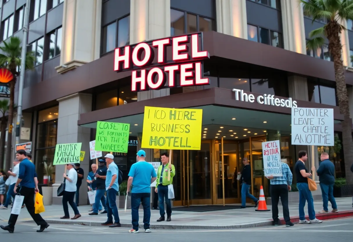 Hotel workers demonstrating for higher wages in Los Angeles.