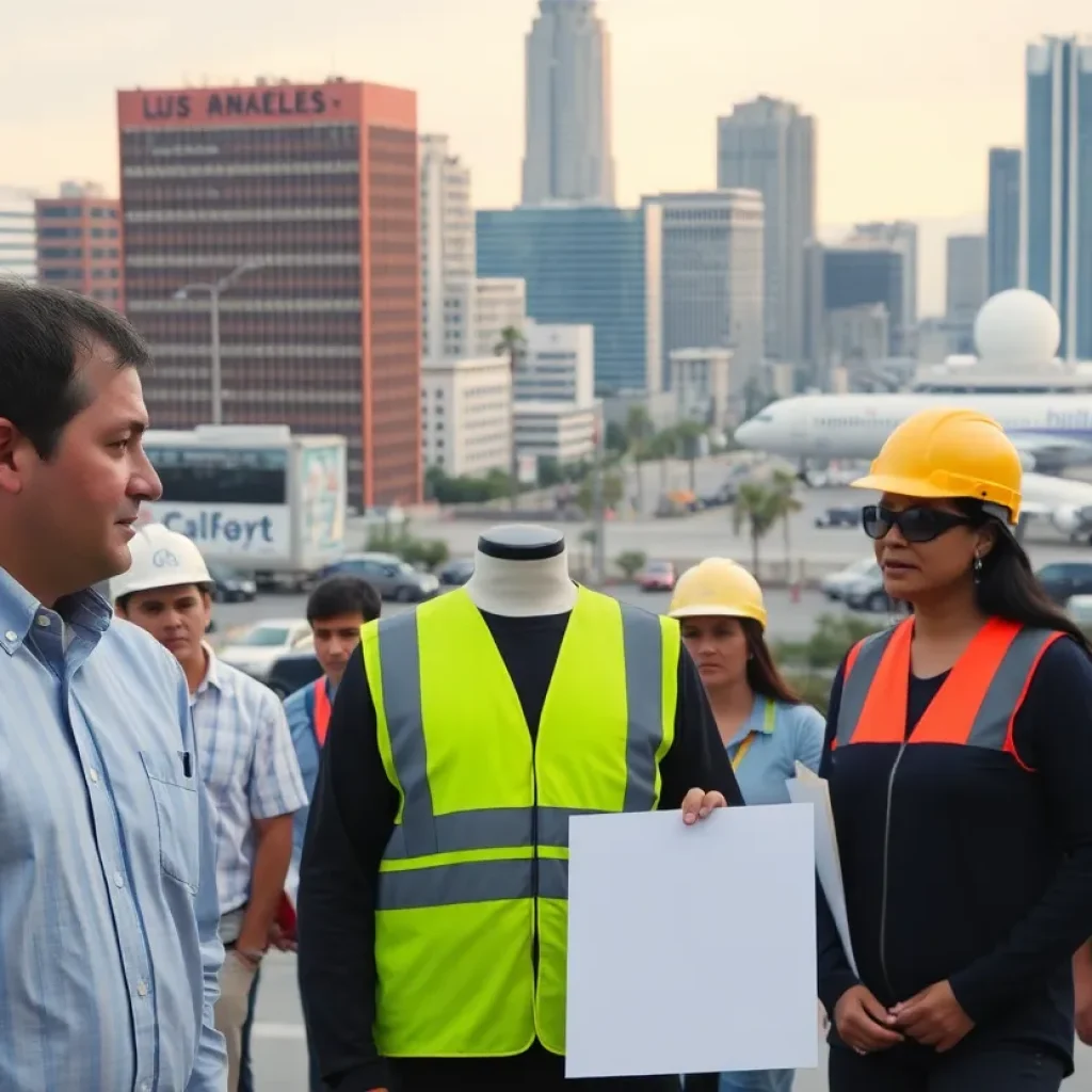 Debate on minimum wage in Los Angeles with urban landscape