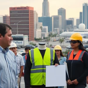 Debate on minimum wage in Los Angeles with urban landscape