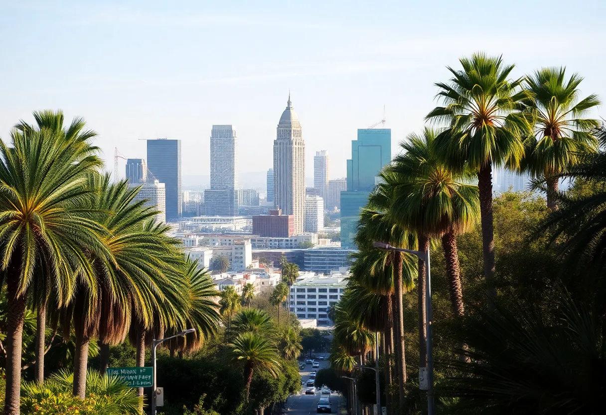 View of Los Angeles skyline featuring palm trees and urban greenery.
