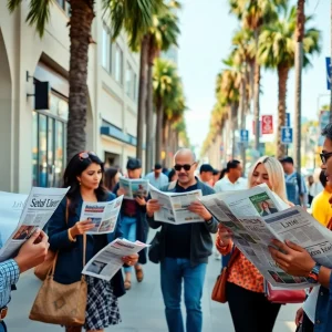A bustling Los Angeles street with diverse people reading newspapers