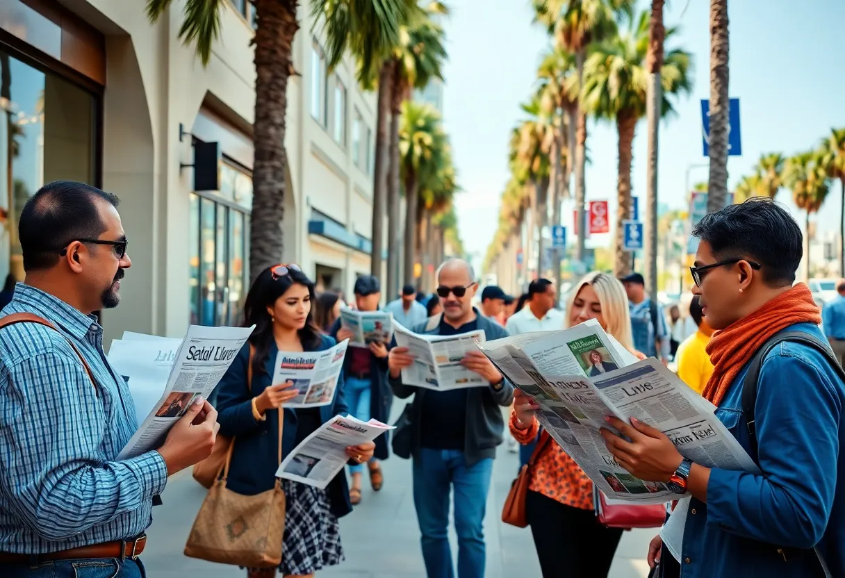 A bustling Los Angeles street with diverse people reading newspapers