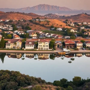 A landscape depicting the aftermath of wildfires in Los Angeles, blending luxury homes with signs of rebuilding.
