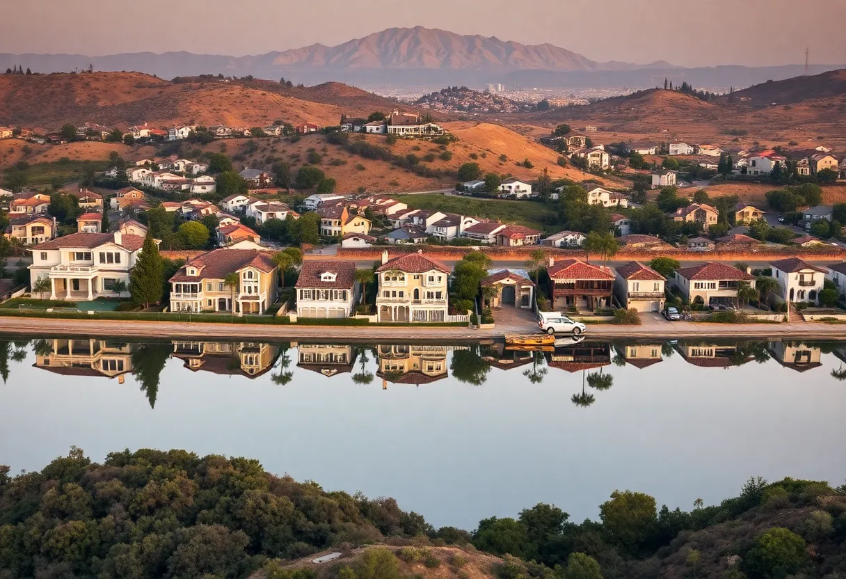 A landscape depicting the aftermath of wildfires in Los Angeles, blending luxury homes with signs of rebuilding.