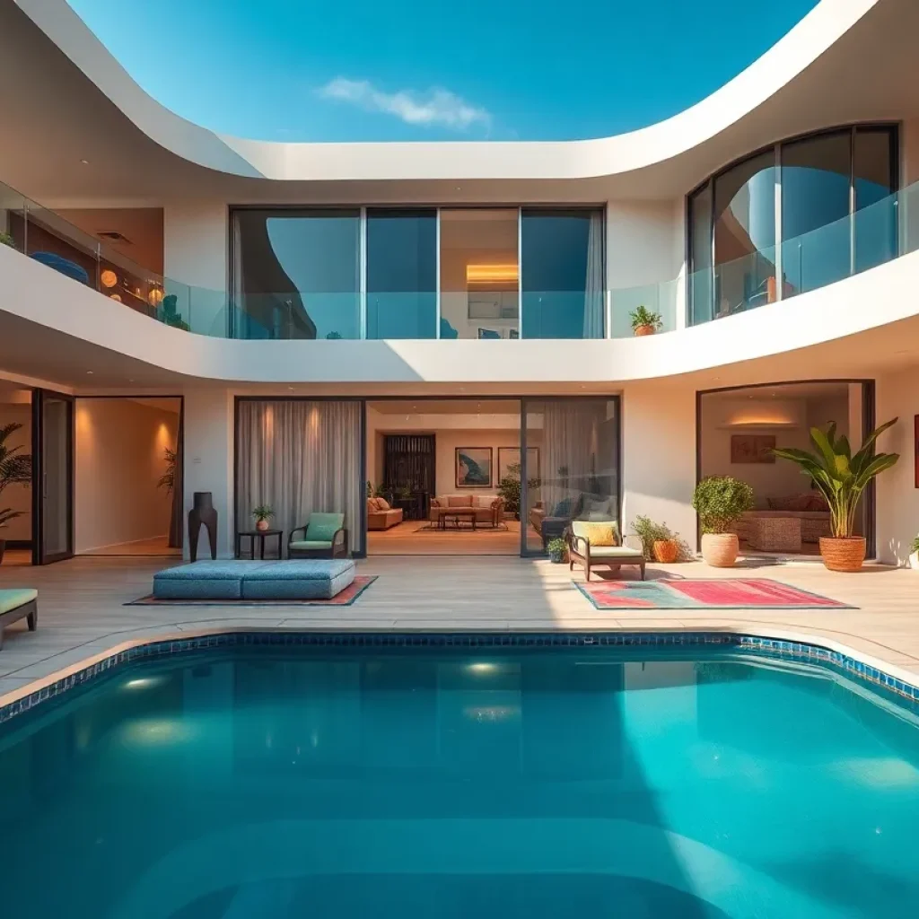 Exterior view of a uniquely designed home with a kidney-shaped pool