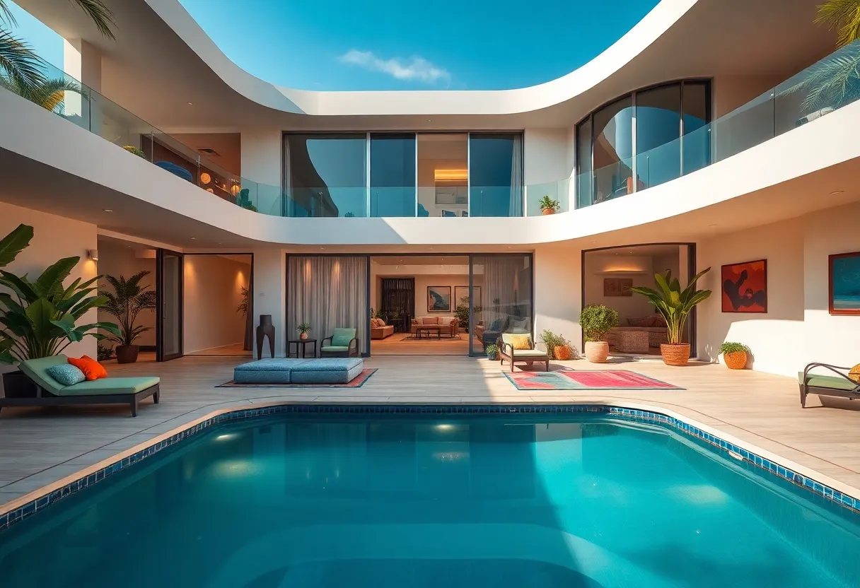Exterior view of a uniquely designed home with a kidney-shaped pool