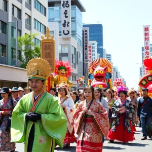 Parade participants in traditional costumes at Nisei Week Festival