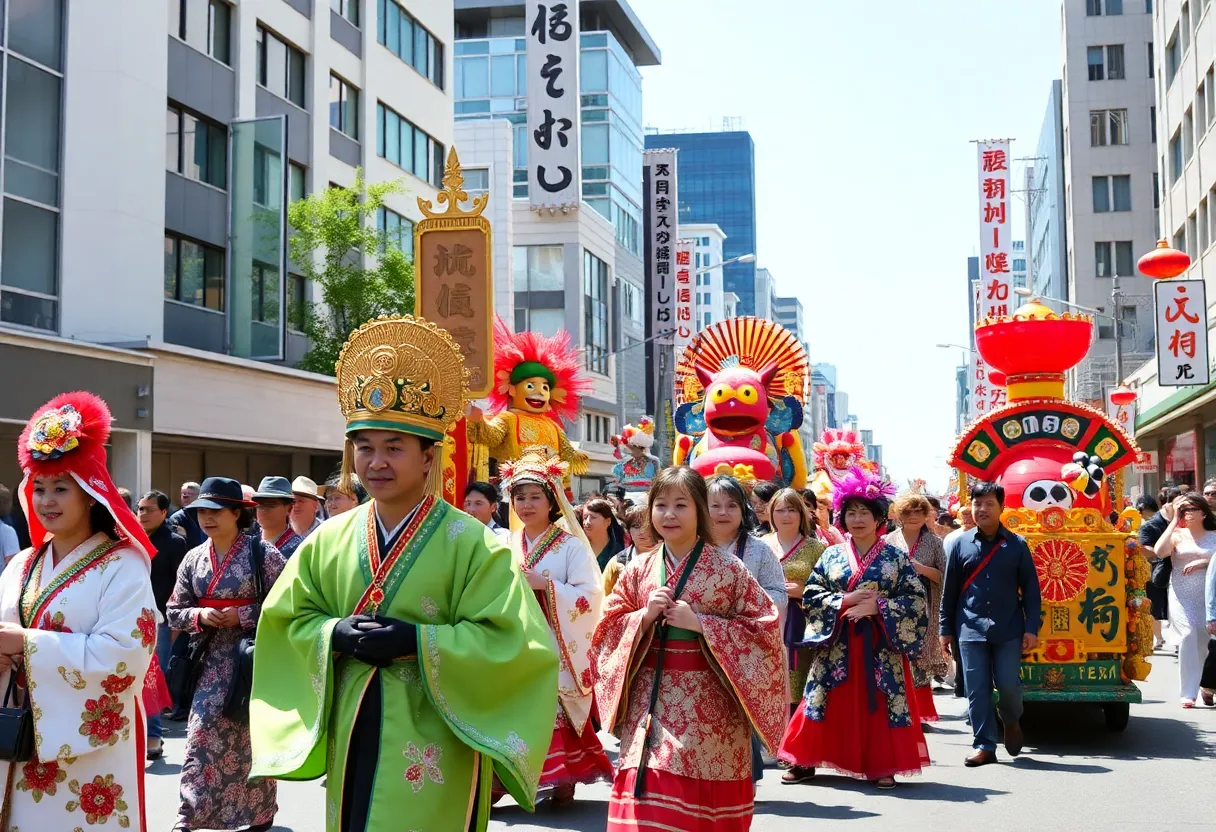 Parade participants in traditional costumes at Nisei Week Festival