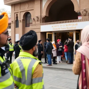 Community gathering outside a Sikh Gurdwara in North Hollywood