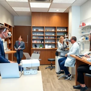 Patients receiving eye care in an optometry practice
