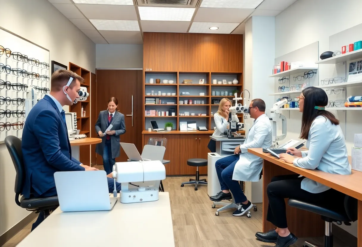 Patients receiving eye care in an optometry practice