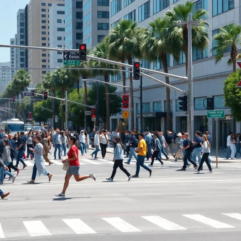 Crowded urban intersection in Los Angeles emphasizing pedestrian safety