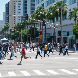 Crowded urban intersection in Los Angeles emphasizing pedestrian safety